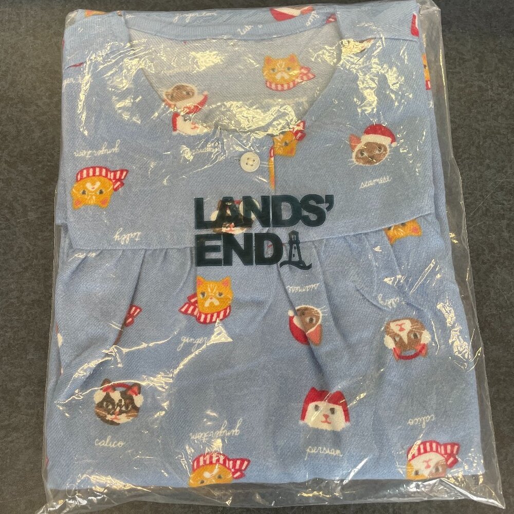 Lands' End Girls Flannel Cloudy Blue Cat Nightgown, NWT